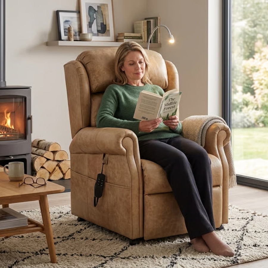 Woman reading in a Crown Mobility riser recliner chair